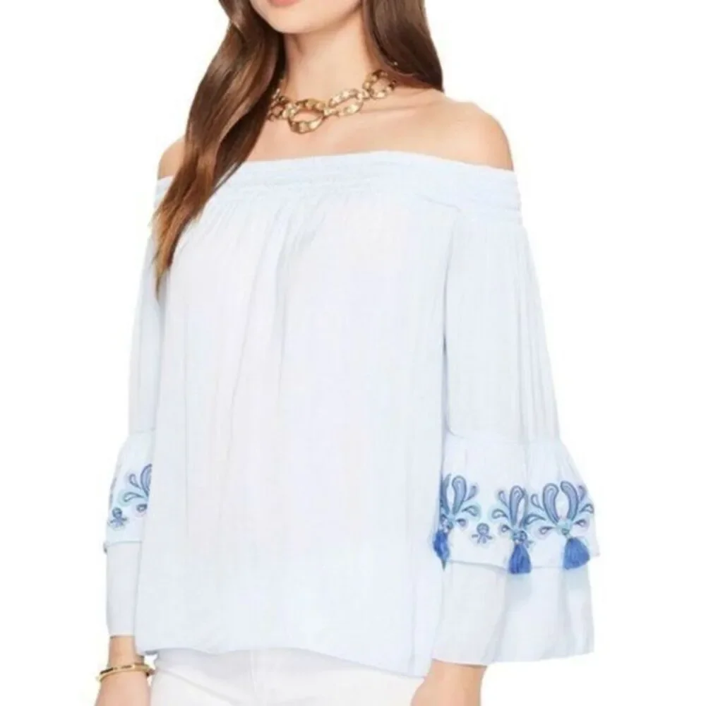 Lilly Pulitzer Tobyn Off The Shoulder Top Boho Blue Size medium Style 27940 - Picture 1 of 9